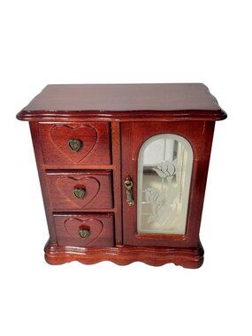 Vintage Wooden Jewelry Box with Heart Drawers and Glass Door